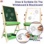 Double-sided whiteboard and blackboard with drawing examples and a hand holding a marker.