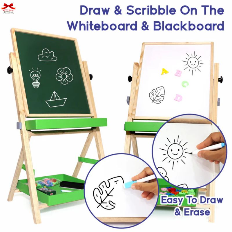 Double-sided whiteboard and blackboard with drawing examples and a hand holding a marker.
