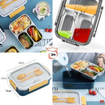 Collage of a lunch box with compartments, utensils, and food, featuring JM branding.