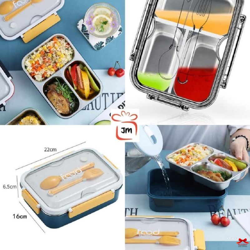 Collage of a lunch box with compartments, utensils, and food, featuring JM branding.