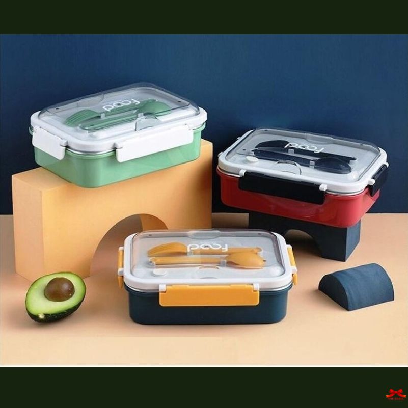 Three colorful food containers with lids on a beige surface and blue background