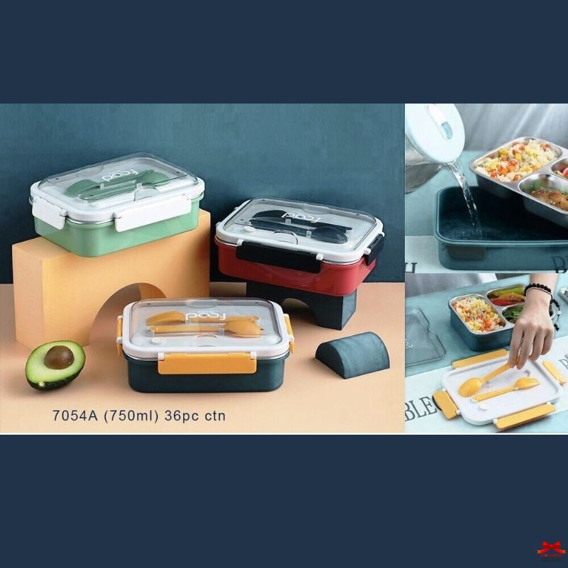 Collage of lunch boxes with utensils and food preparation images on a blue background