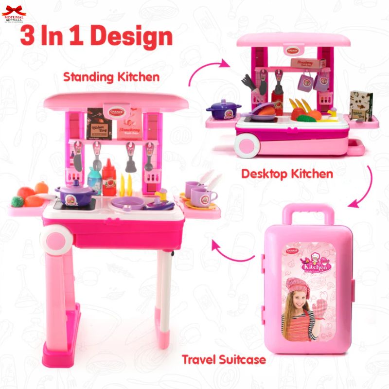 Pink toy kitchen set with standing, desktop, and travel suitcase designs on a white background.