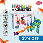 Marble Magnetrix toy set with packaging on a light blue background, featuring promotional text and branding.