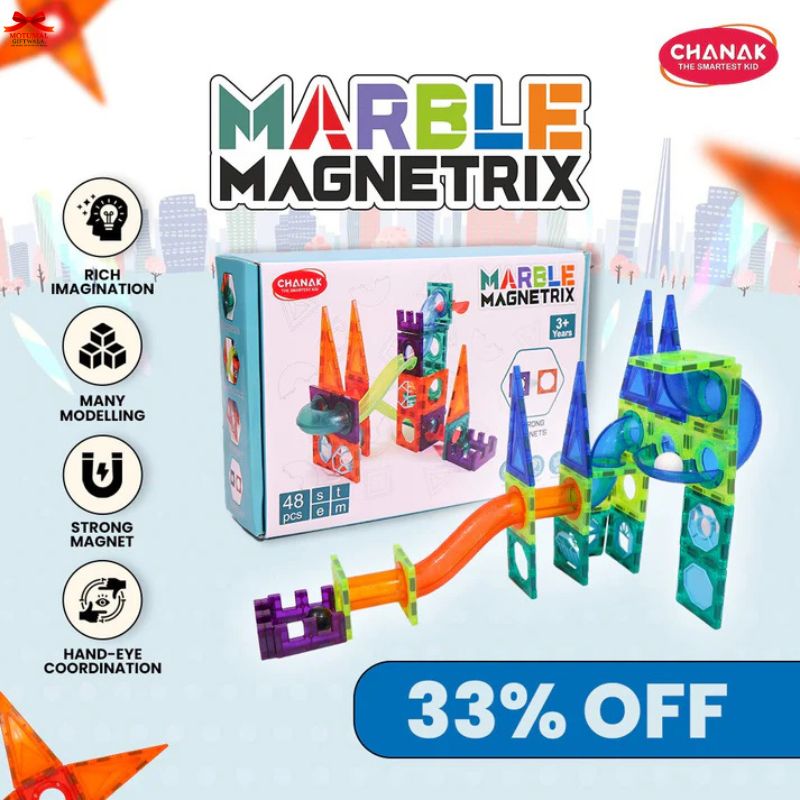 Marble Magnetrix toy set with packaging on a light blue background, featuring promotional text and branding.