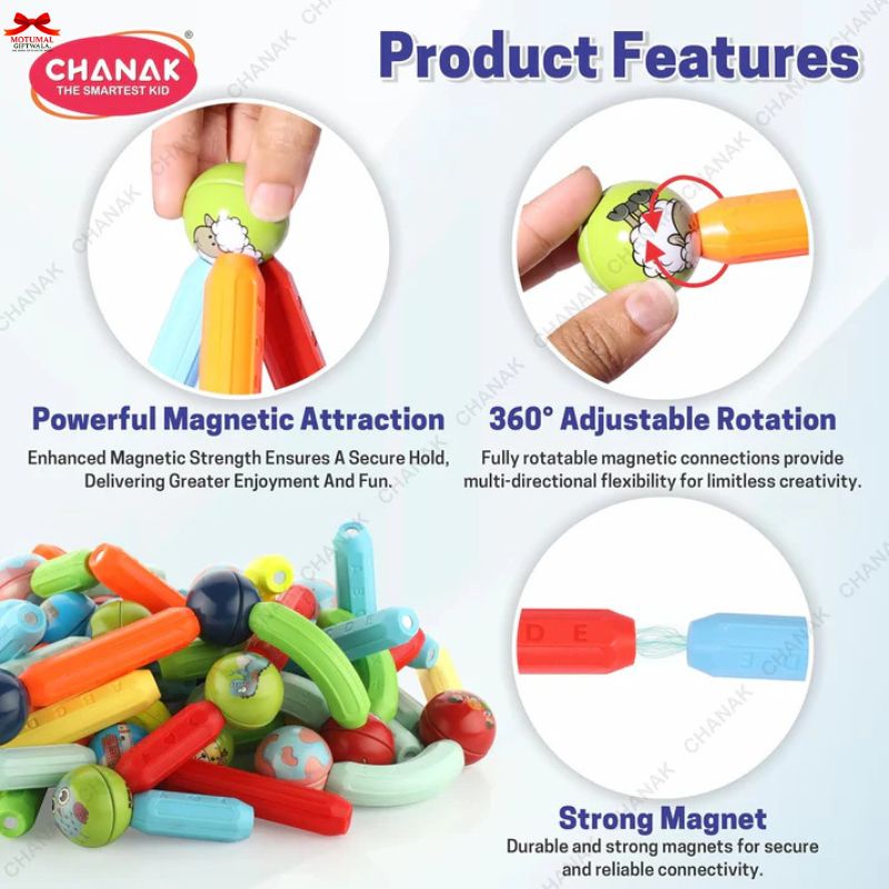 Colorful magnetic toy set with product features highlighted on a white background.