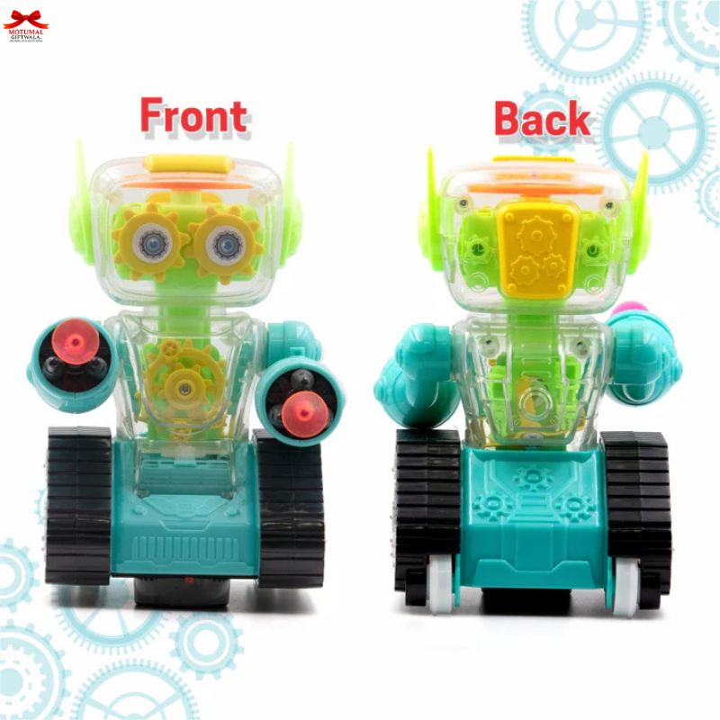 Toy robot viewed from front and back on a white background with gear designs.