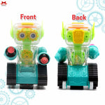 Toy robot viewed from front and back on a white background with gear designs.