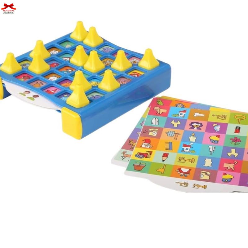 Colorful educational toy with yellow cones and a matching game board on a white background