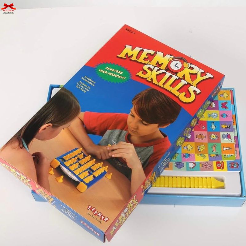 Board game box titled 'Memory Skills' with two children playing on a white background