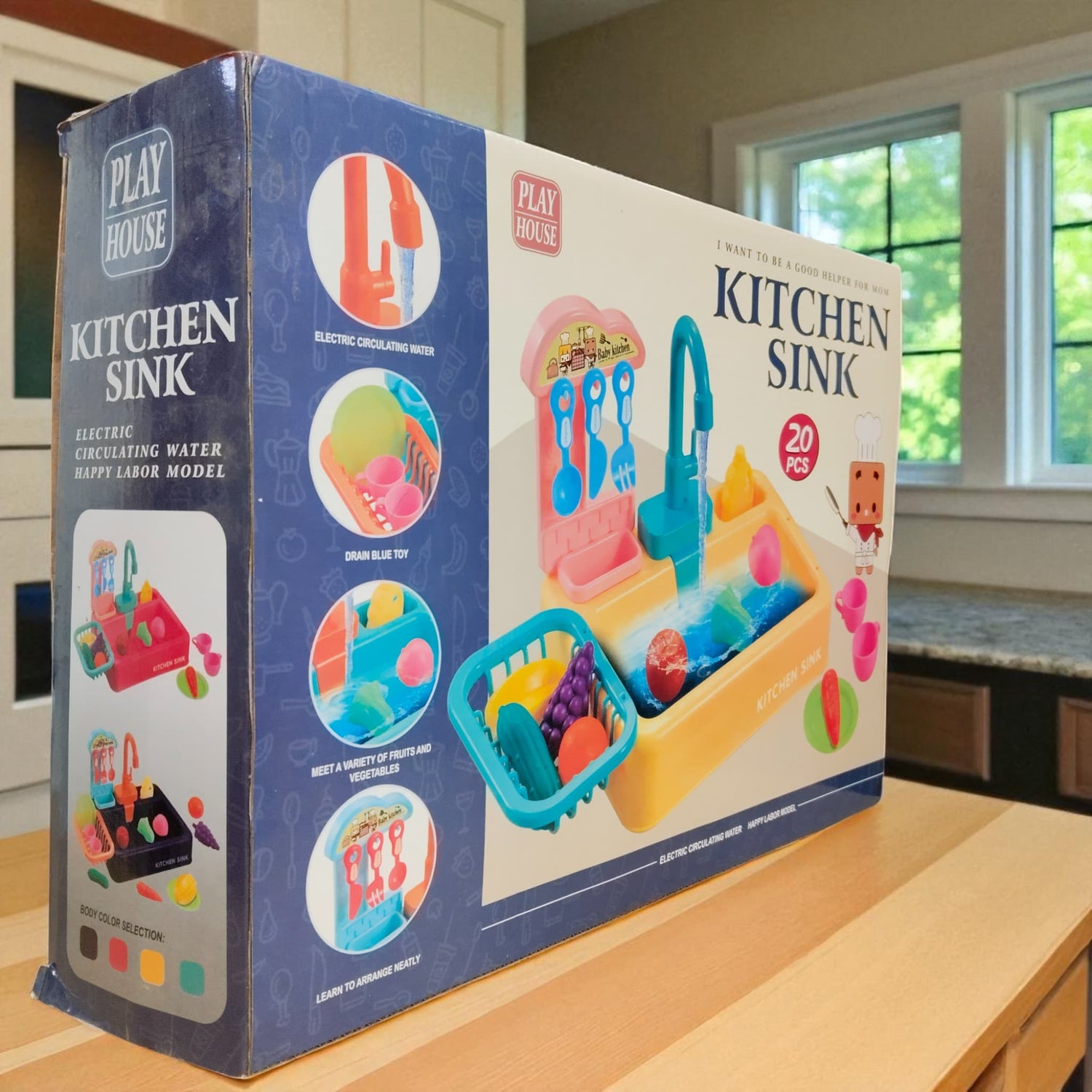 Electric kitchen sink toy with blue basin, water circulation, and pretend play food