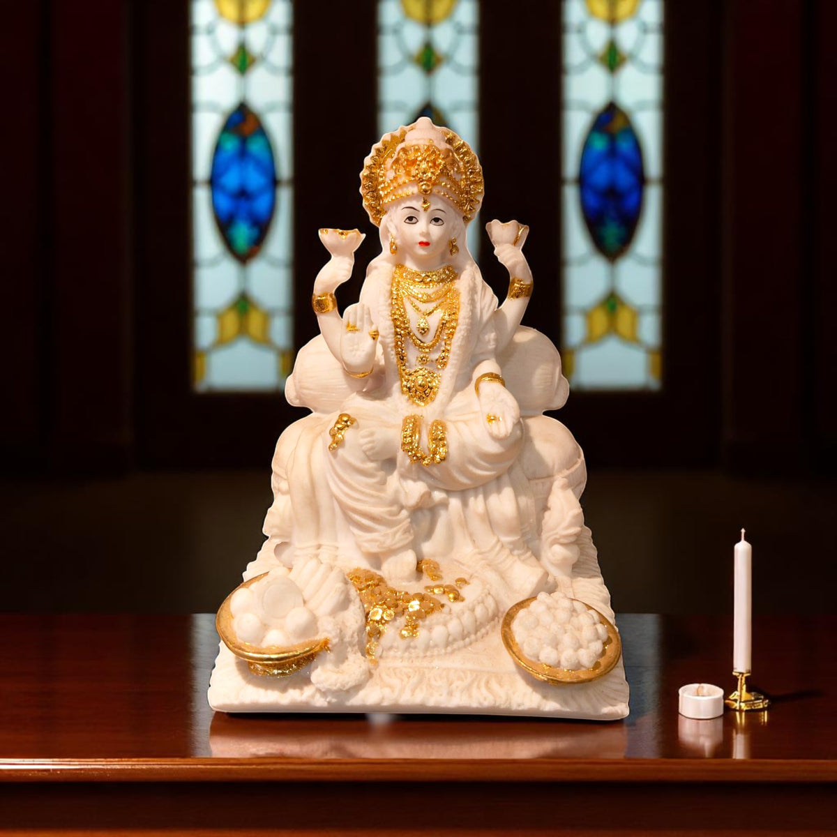  Front view of white and golden Maa Lakshmi idol with lotus and coins