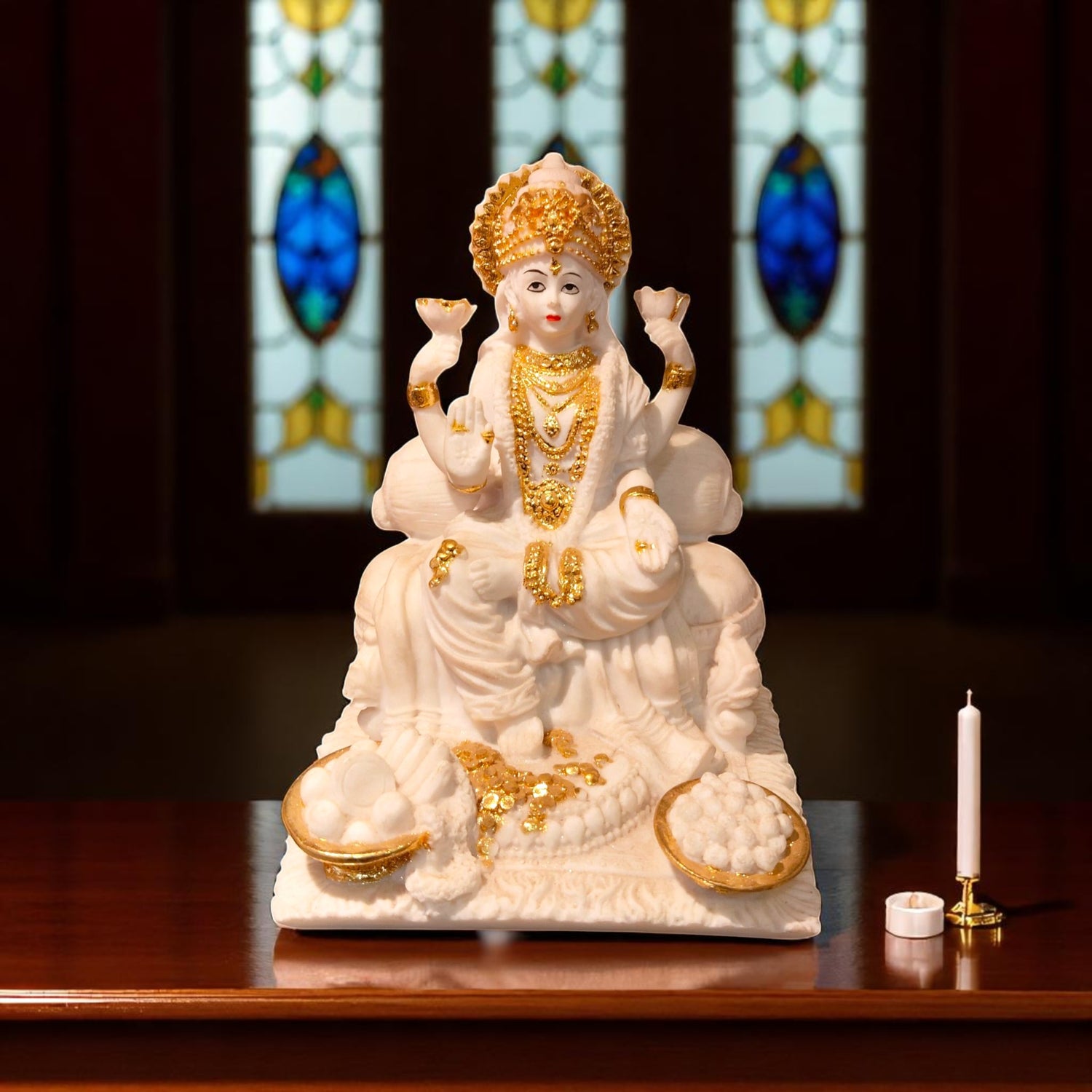 Front view of white and golden Maa Lakshmi idol with lotus and coins
