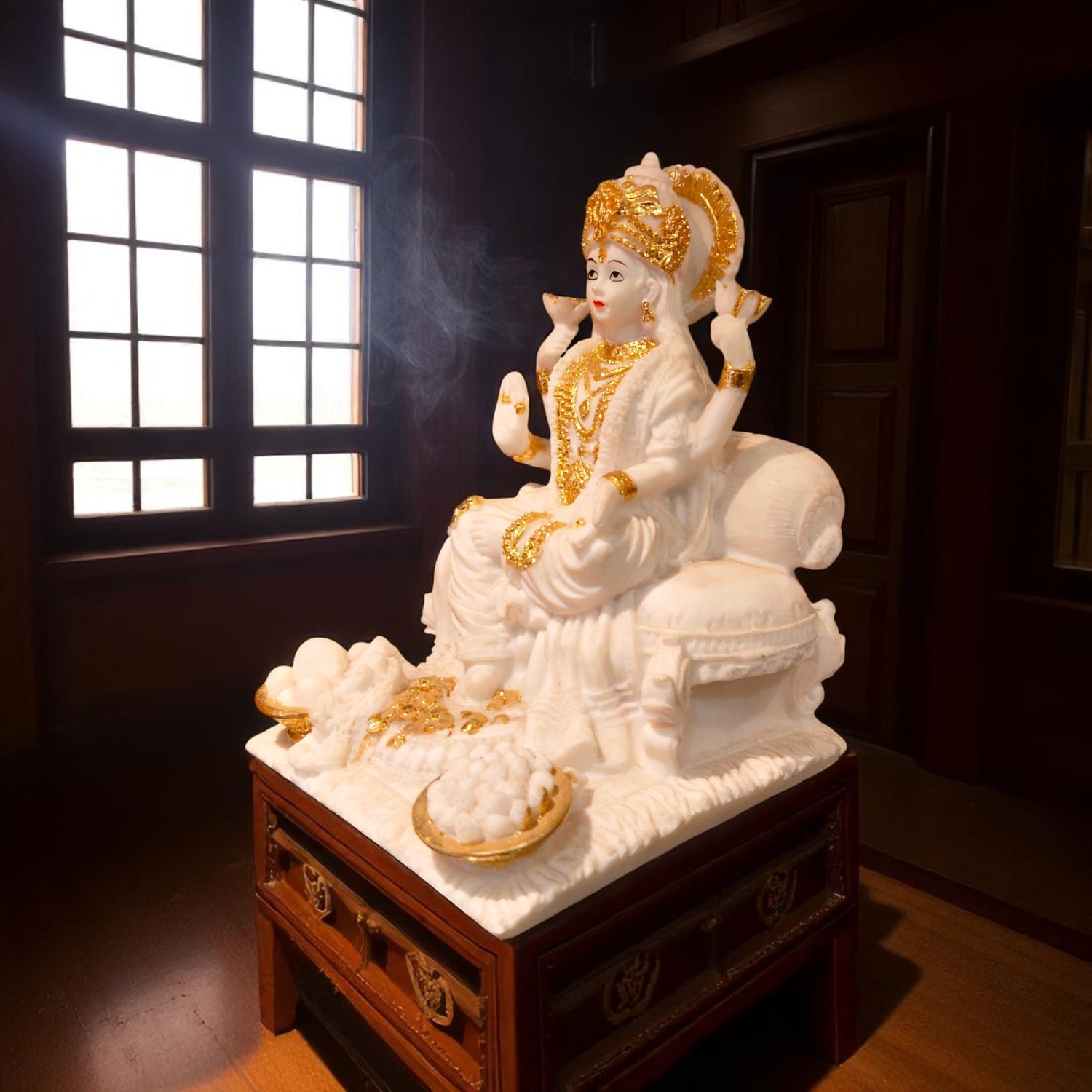  Artistic angle of White and Gold Lakshmi Murti for pooja decor