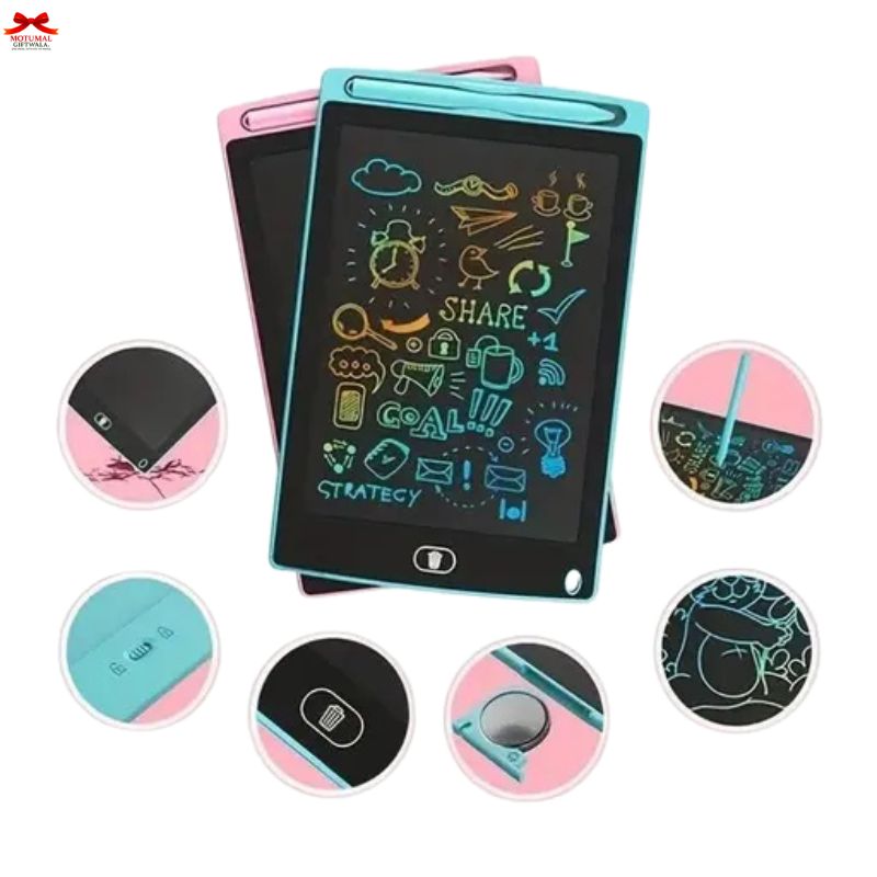Small electronic device with a screen displaying colorful graphics on a white background