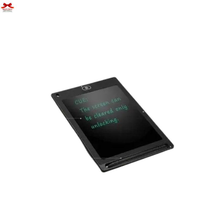 Black electronic writing pad with text on a white background