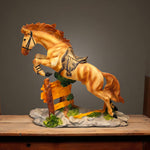 Front view of leaping mustang horse showpiece on forest base