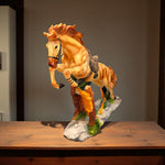 Side angle of golden-orange horse jumping over wooden fence