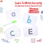 Wipe-clean cards with uppercase and lowercase letters and a marker on a white background.