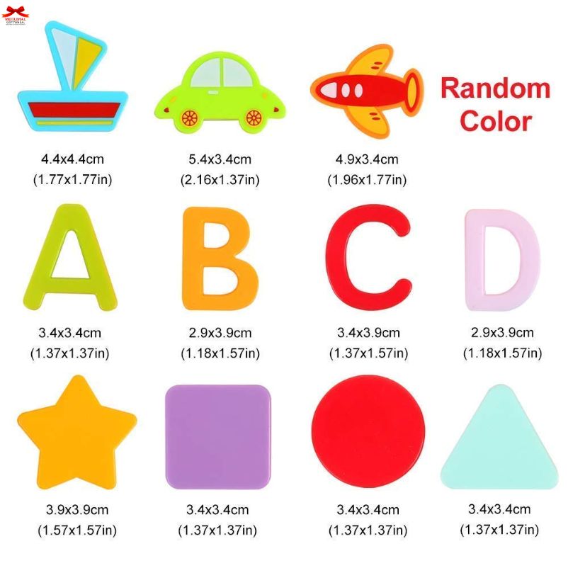 Colorful foam shapes with dimensions and letter 'A' to 'D' on a white background