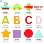 Colorful foam shapes with dimensions and letter 'A' to 'D' on a white background