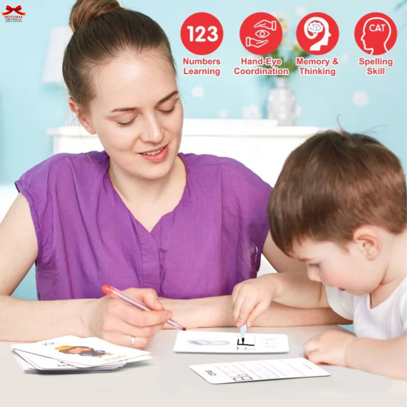 Woman and child engaged in educational activity with worksheets and markers, against a light blue wall with educational icons.