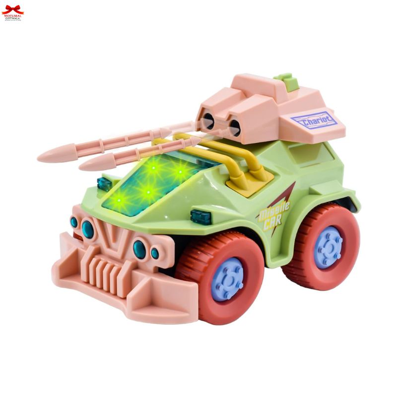 Toy vehicle with pink and green colors on a white background