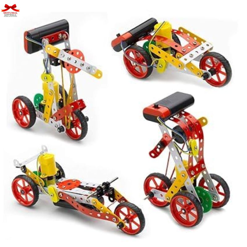 Set of colorful toy cars made from interlocking pieces on a white background
