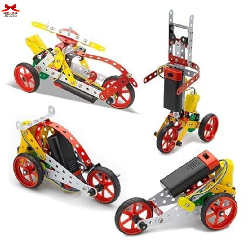 Set of colorful toy cars made from interlocking pieces on a white background