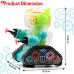 Toy robot with dimensions labeled on a white background with gear designs