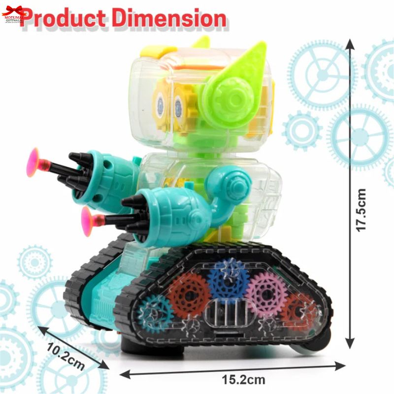 Toy robot with dimensions labeled on a white background with gear designs