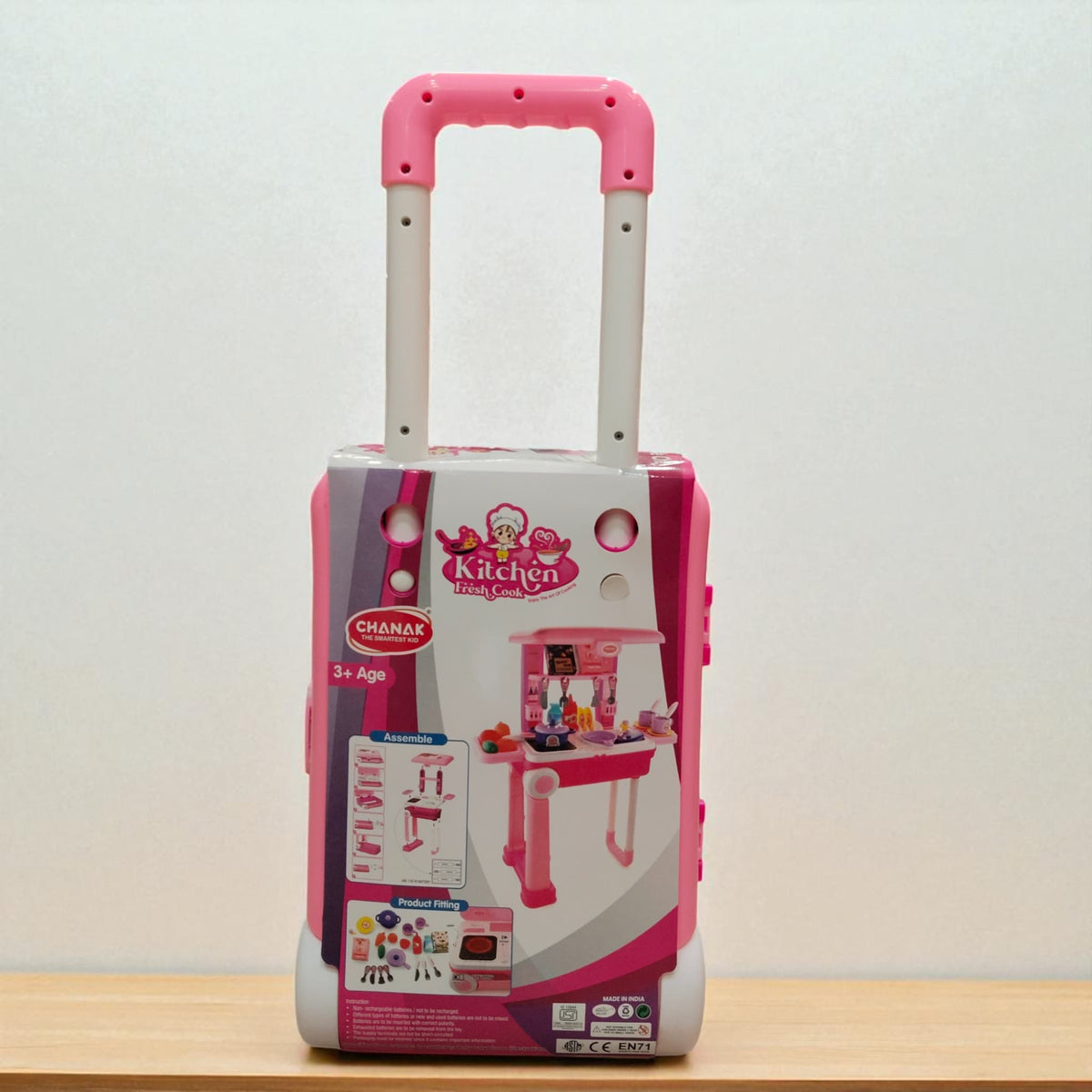 Pink little chef set toy kitchen suitcase with extended trolley handle for kids.