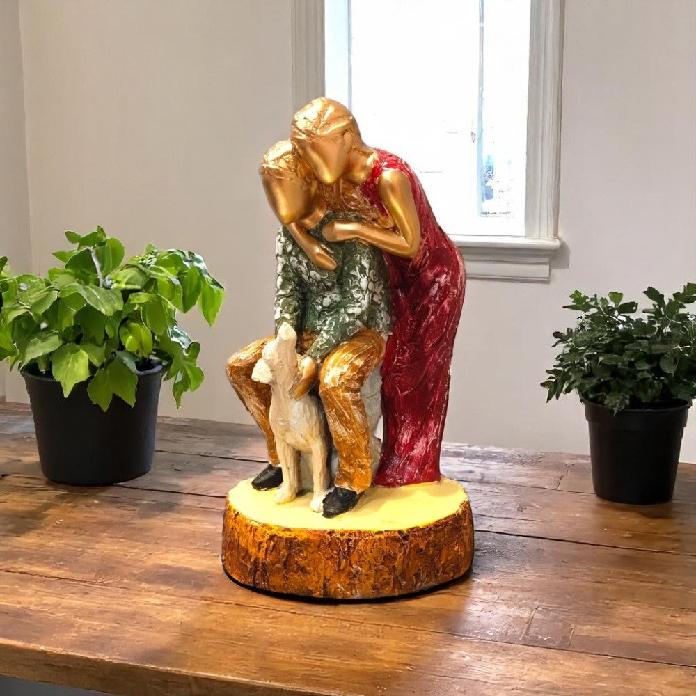 Side pose of emotional couple with dog – made in India decor