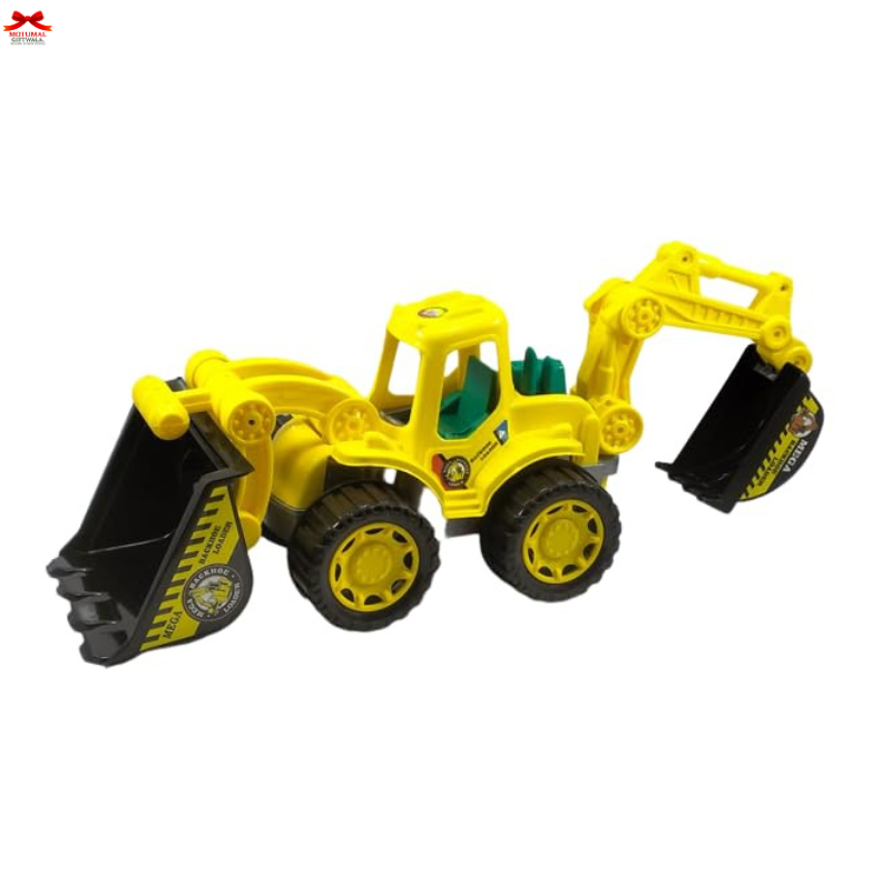 Yellow toy bulldozer with black attachments on a white background