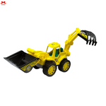 Yellow toy bulldozer with black attachments on a white background