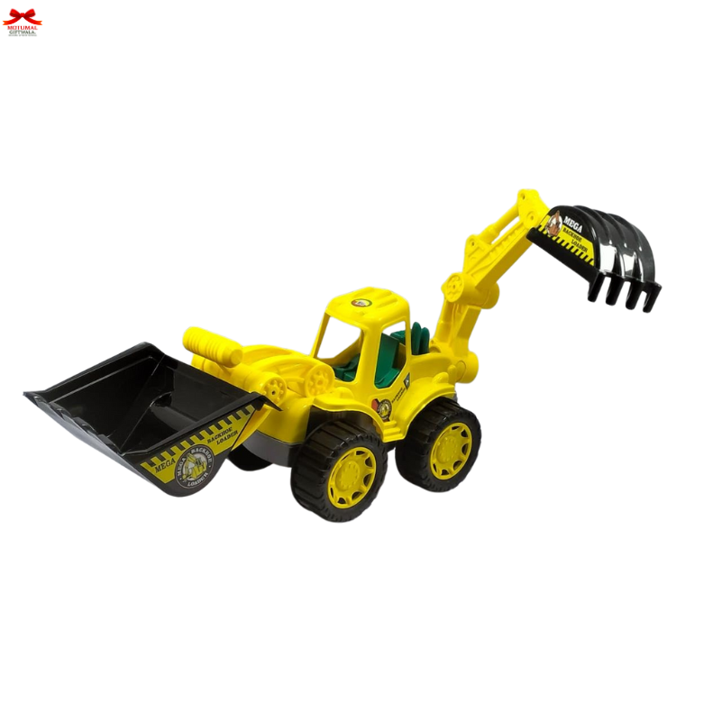 Yellow toy bulldozer with black attachments on a white background