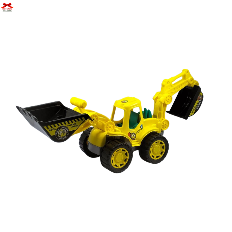 Toy bulldozer with black attachments on a white background