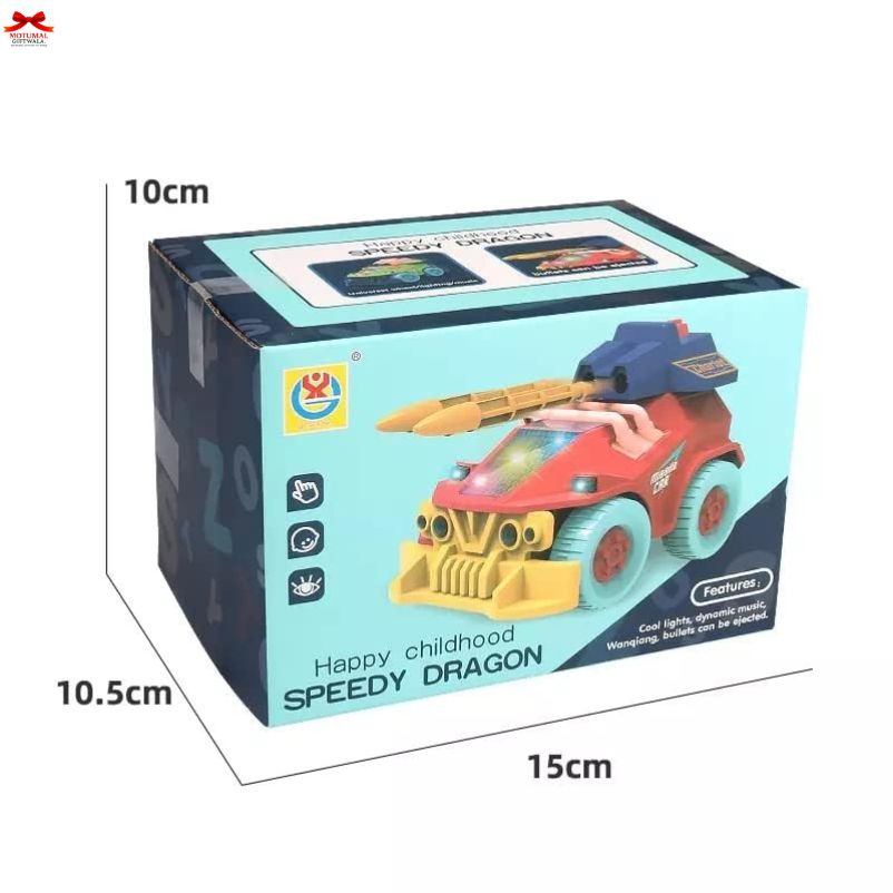 Box packaging of a toy with dimensions indicated