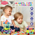 Two children playing with colorful magnetic building toys, with 'Chanak' branding and product features listed.