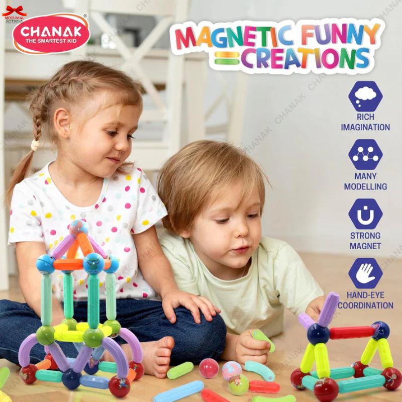 Two children playing with colorful magnetic building toys, with 'Chanak' branding and product features listed.