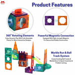 Toy building set with colorful blocks and marble run system, featuring text on product features.
