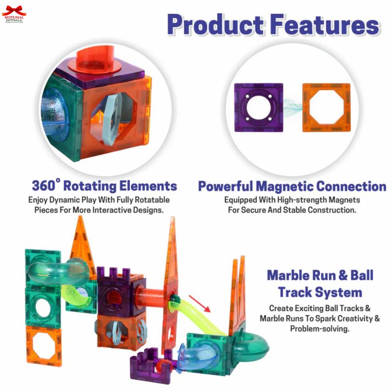 Toy building set with colorful blocks and marble run system, featuring text on product features.
