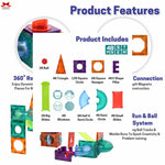 Product features of a toy building set with various shapes and components.