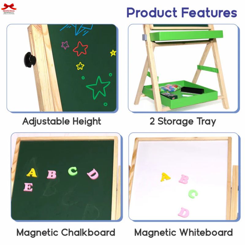 Children's art easel with adjustable height, two storage trays, magnetic chalkboard, and whiteboard.