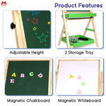 Children's art easel with adjustable height, two storage trays, magnetic chalkboard, and whiteboard.