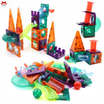 Colorful magnetic building blocks set on a white background