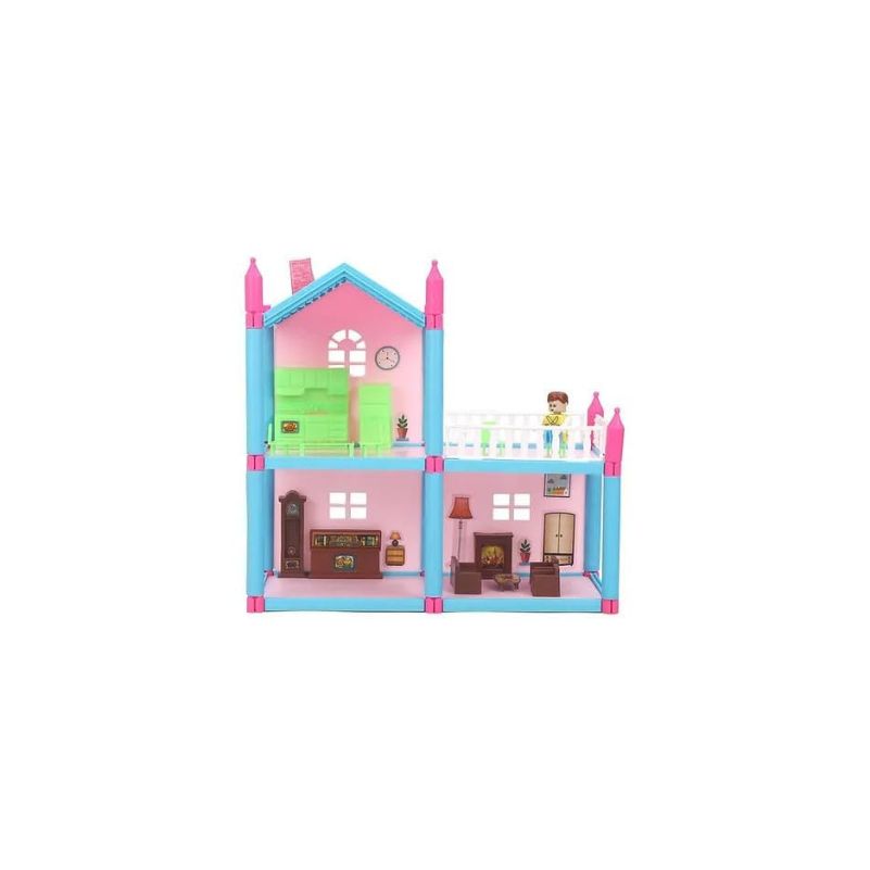 Colorful toy dollhouse with furniture on a white background