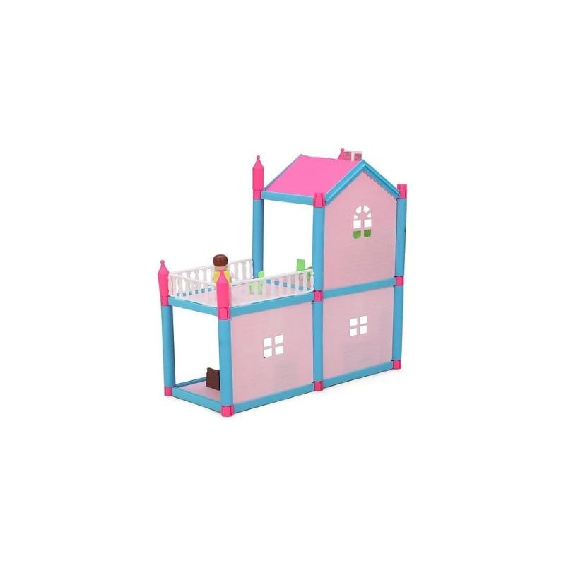 Pink and blue dollhouse with a white background
