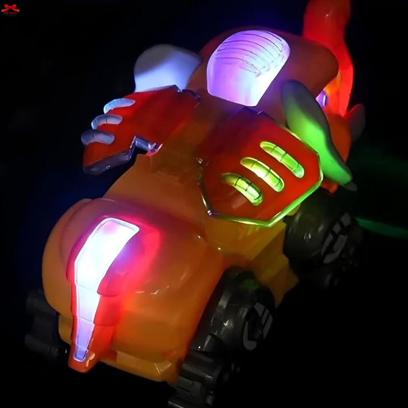 Toy motorcycle with colorful lights on a dark background