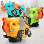 Three toy dinosaurs in orange, green, and blue on a light wooden floor.